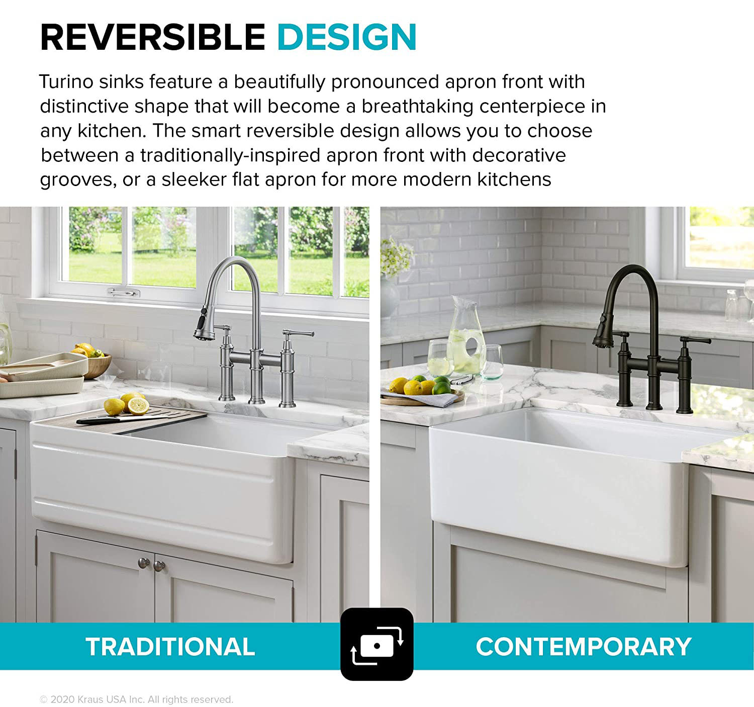 KFR4-33GWH Turino Reversible Fireclay Single Bowl Kitchen Sink, 33, Gloss White